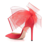 Asymmetric Bow Detail Pointed Toe Ankle Strap Stiletto Pumps - Coral